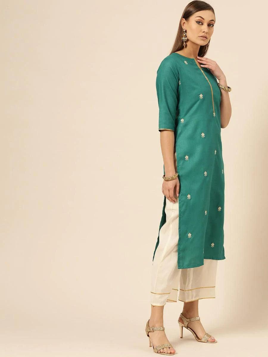 Green Embroidered Cotton Kurta Set - ShopLibas 