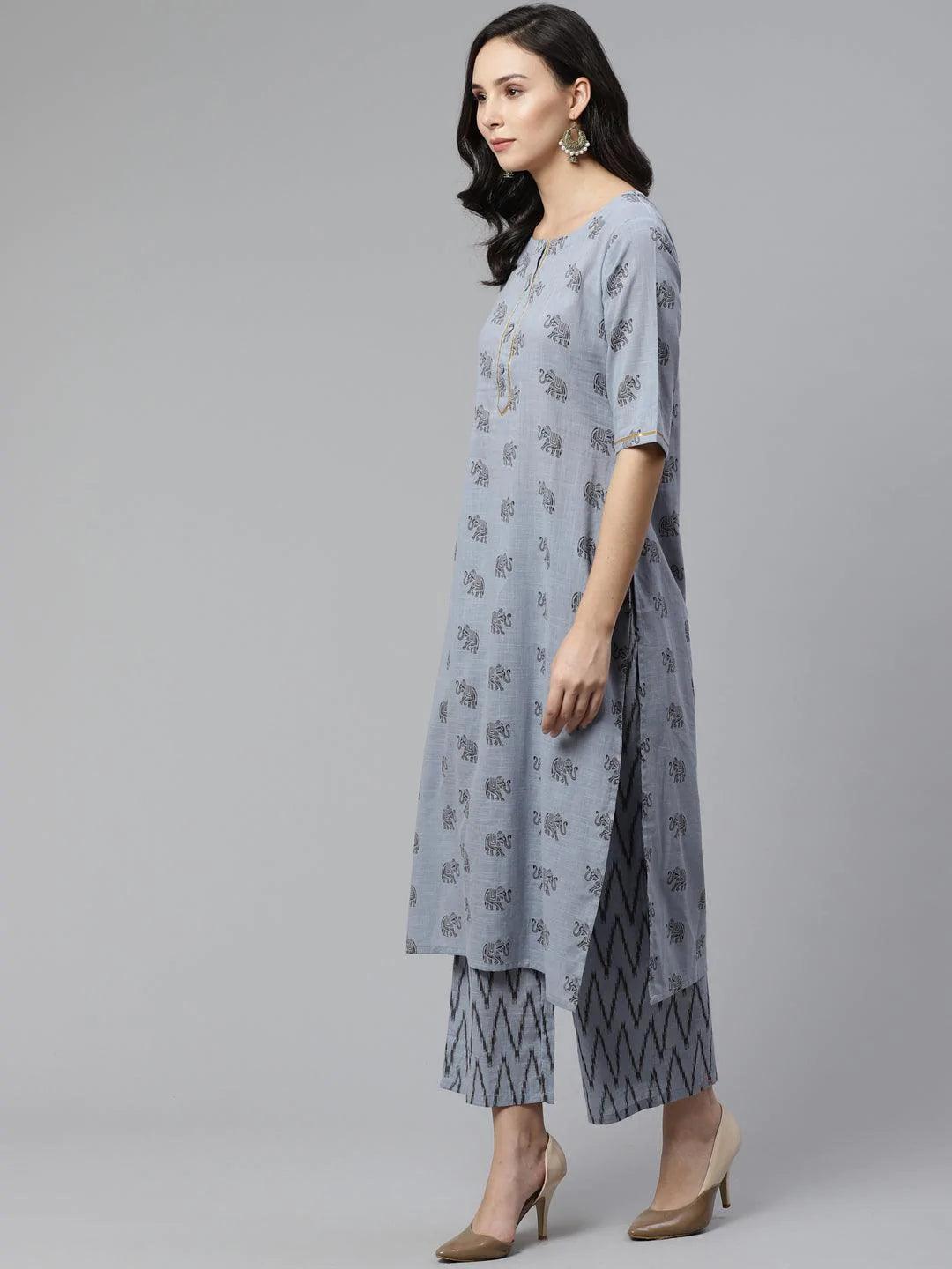 Blue Printed Cotton Kurta Set - ShopLibas