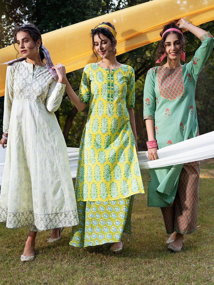 Green Printed Cotton Kurta Set - ShopLibas