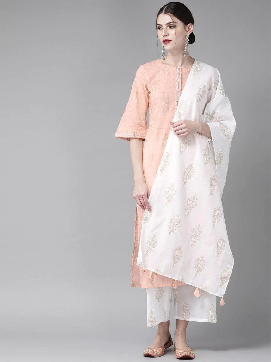 Peach Printed Cotton Suit Set - ShopLibas