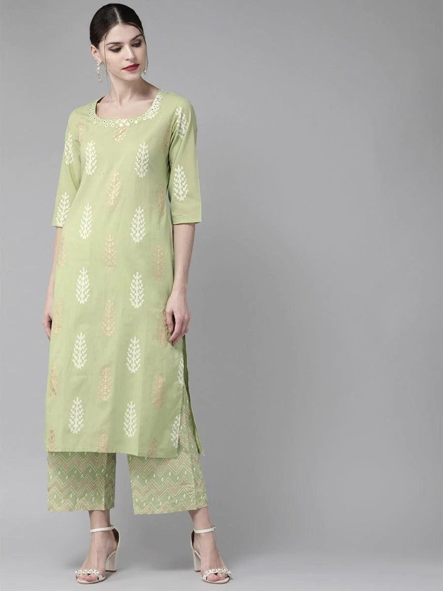 Pastel Green Printed Cotton Kurta Set - ShopLibas