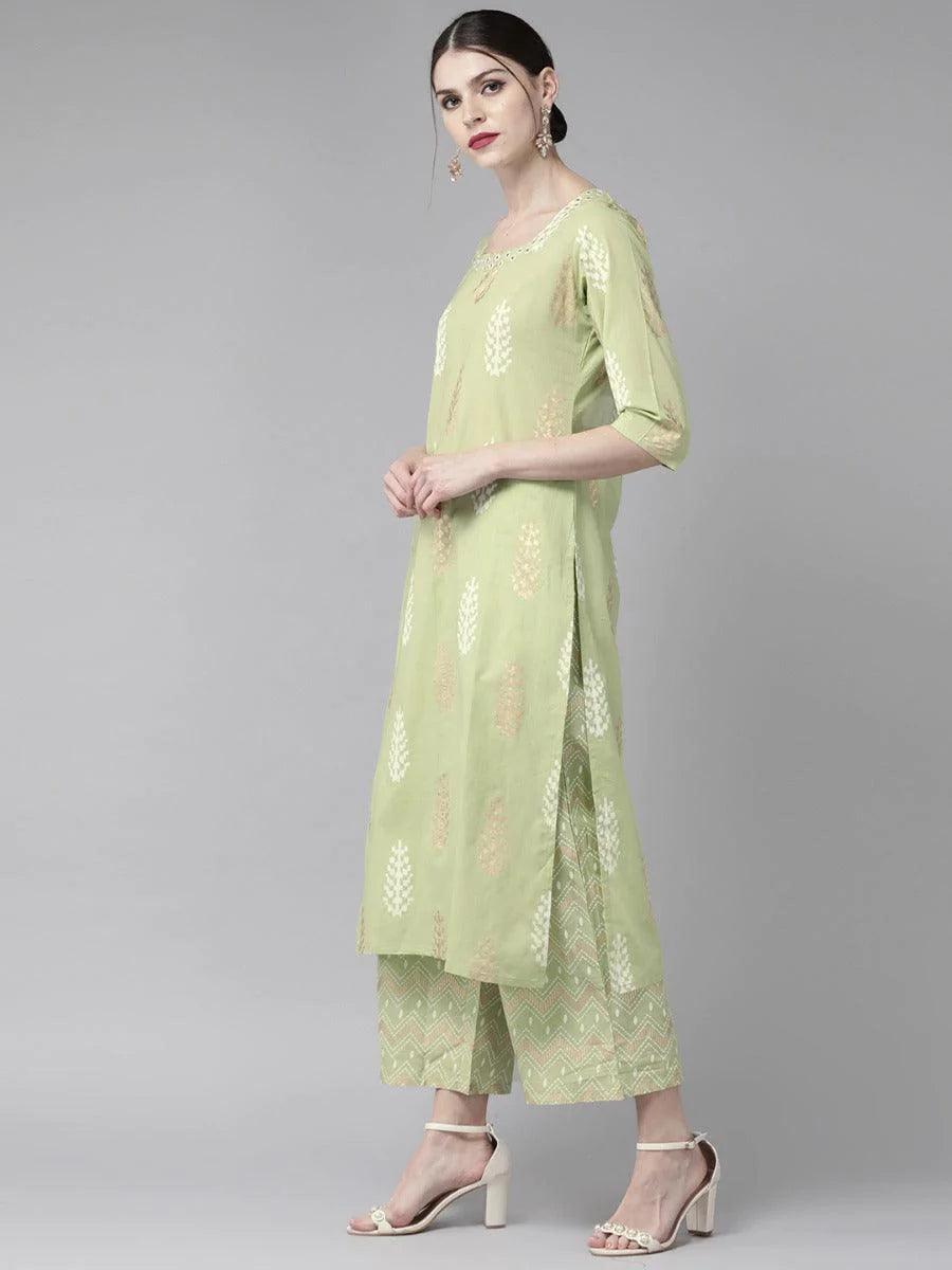 Pastel Green Printed Cotton Kurta Set - ShopLibas 