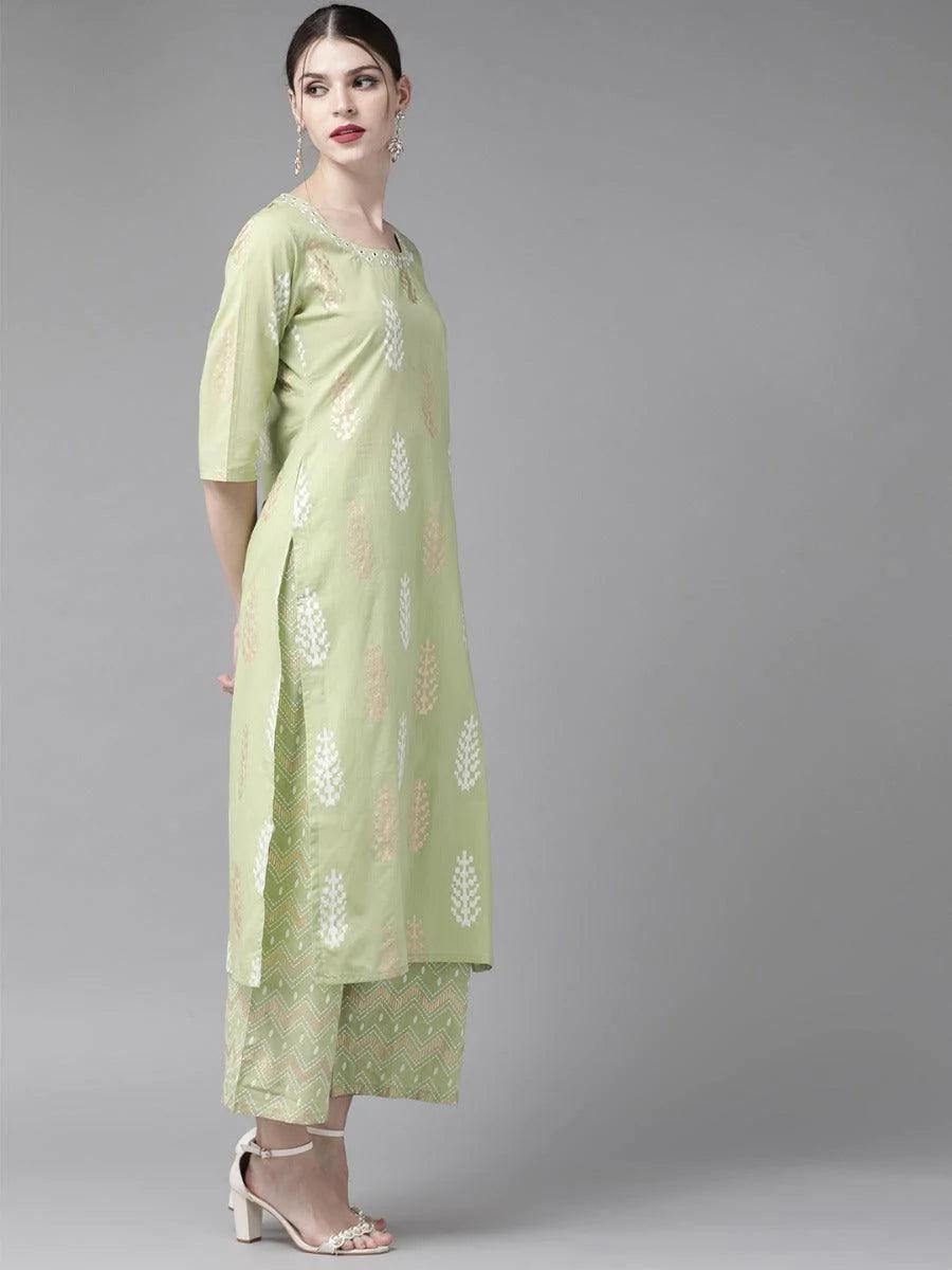 Pastel Green Printed Cotton Kurta Set - ShopLibas 
