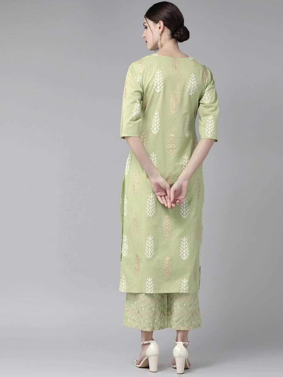 Pastel Green Printed Cotton Kurta Set - ShopLibas 