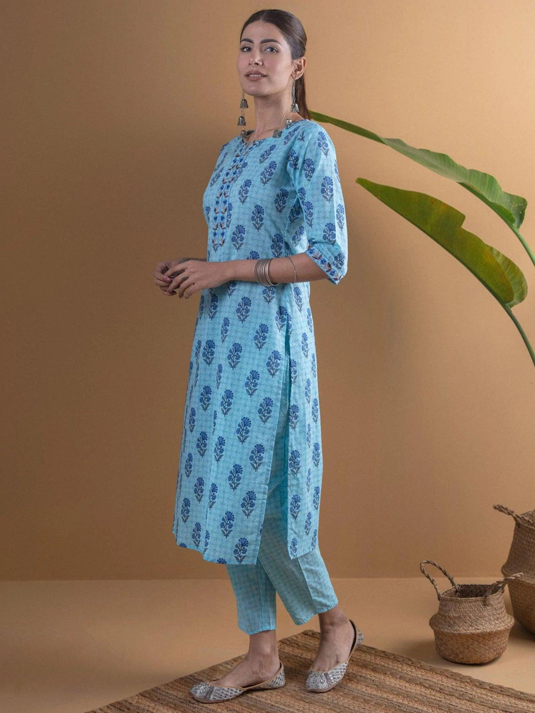 Blue Printed Cotton Kurta Set - ShopLibas