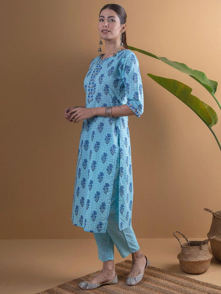 Blue Printed Cotton Kurta Set - ShopLibas