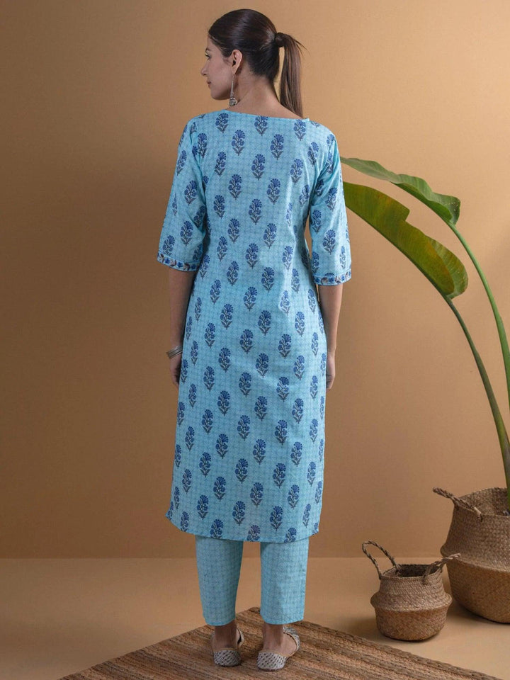 Blue Printed Cotton Kurta Set - ShopLibas