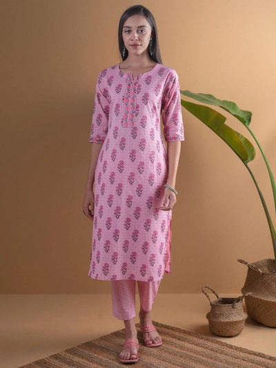 Pink Printed Cotton Kurta Set - ShopLibas