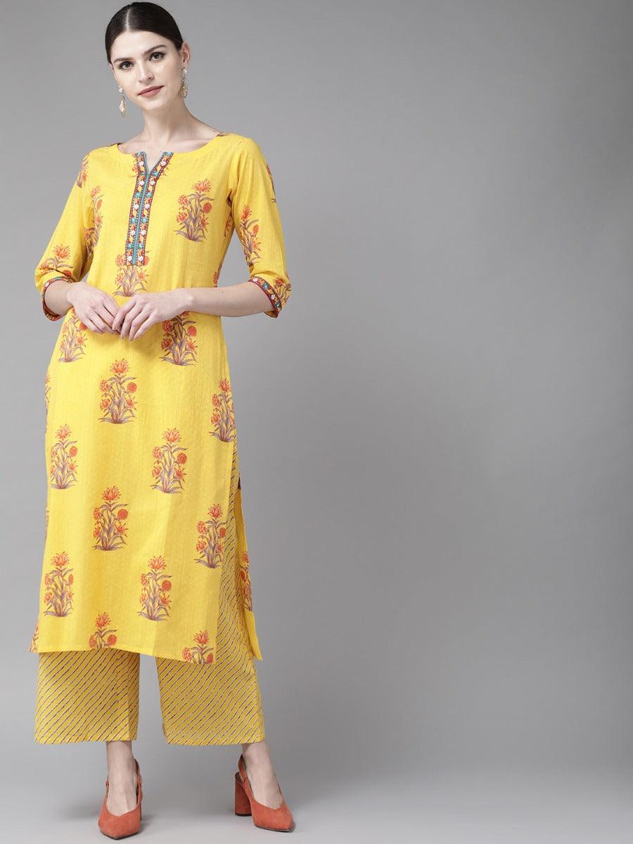 Yellow Printed Cotton Kurta Set - ShopLibas
