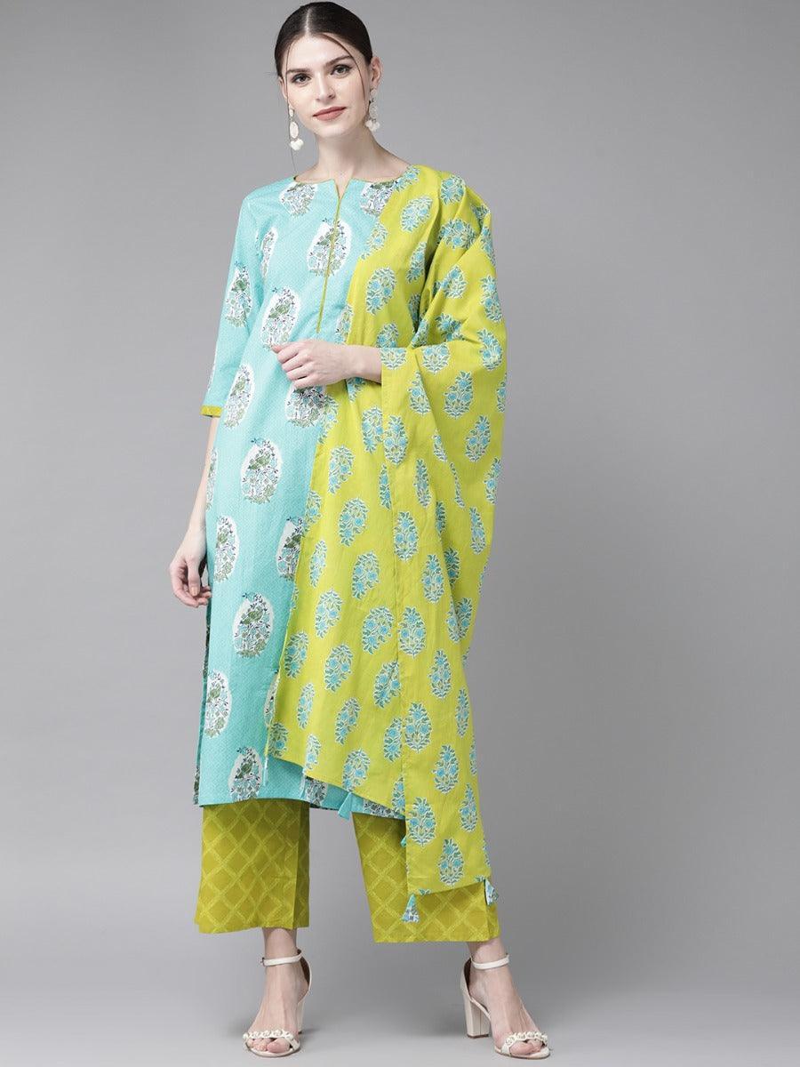 Blue Printed Cotton Suit Set - ShopLibas