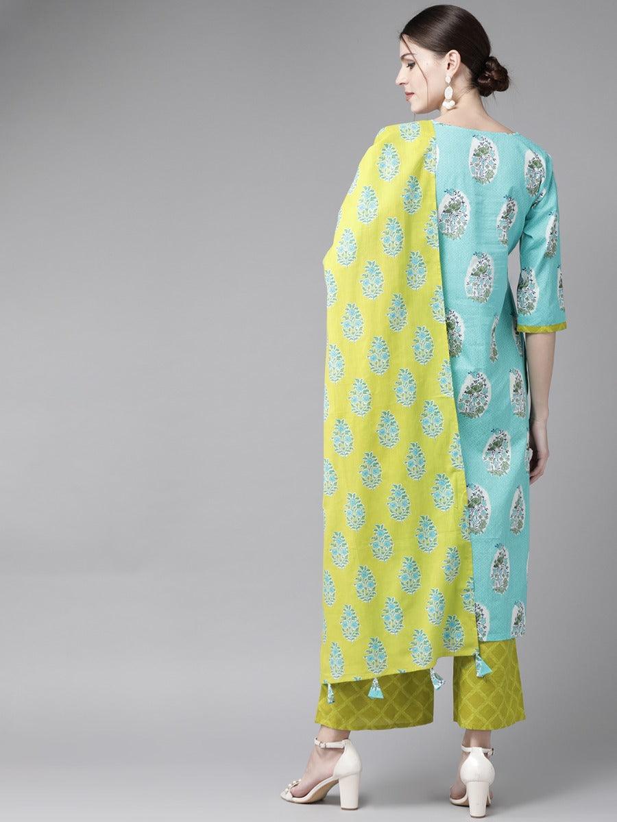 Blue Printed Cotton Suit Set - ShopLibas