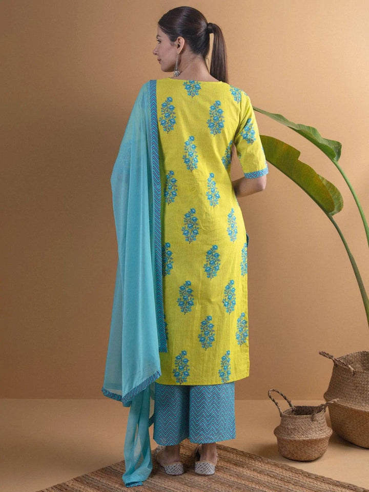 Lime Green Printed Cotton Suit Set - ShopLibas