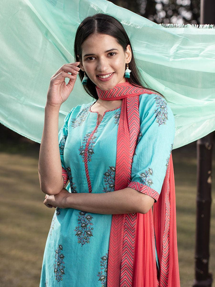 Blue Printed Cotton Suit Set - ShopLibas