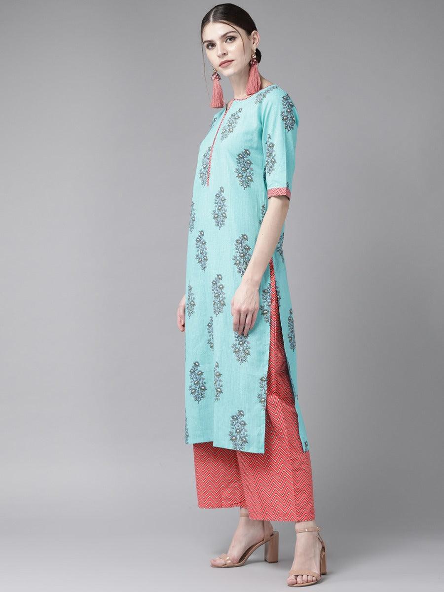 Blue Printed Cotton Suit Set - ShopLibas