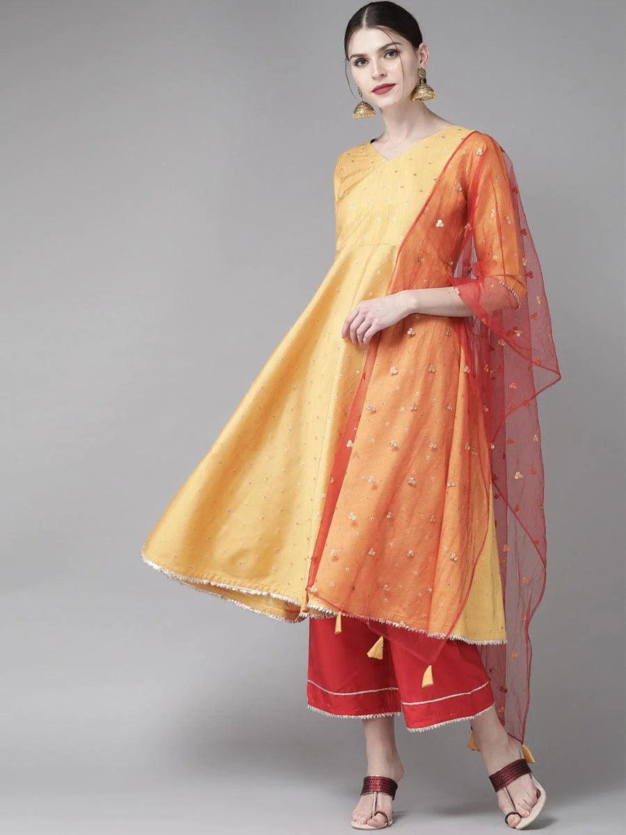 Mustard Zari Work Chanderi Suit Set - ShopLibas