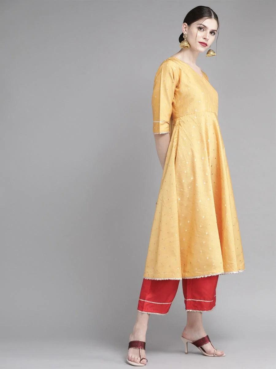 Mustard Zari Work Chanderi Suit Set - ShopLibas