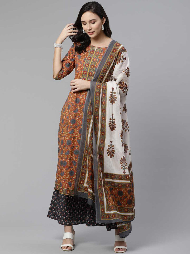 Brown Printed Cotton Suit Set - ShopLibas