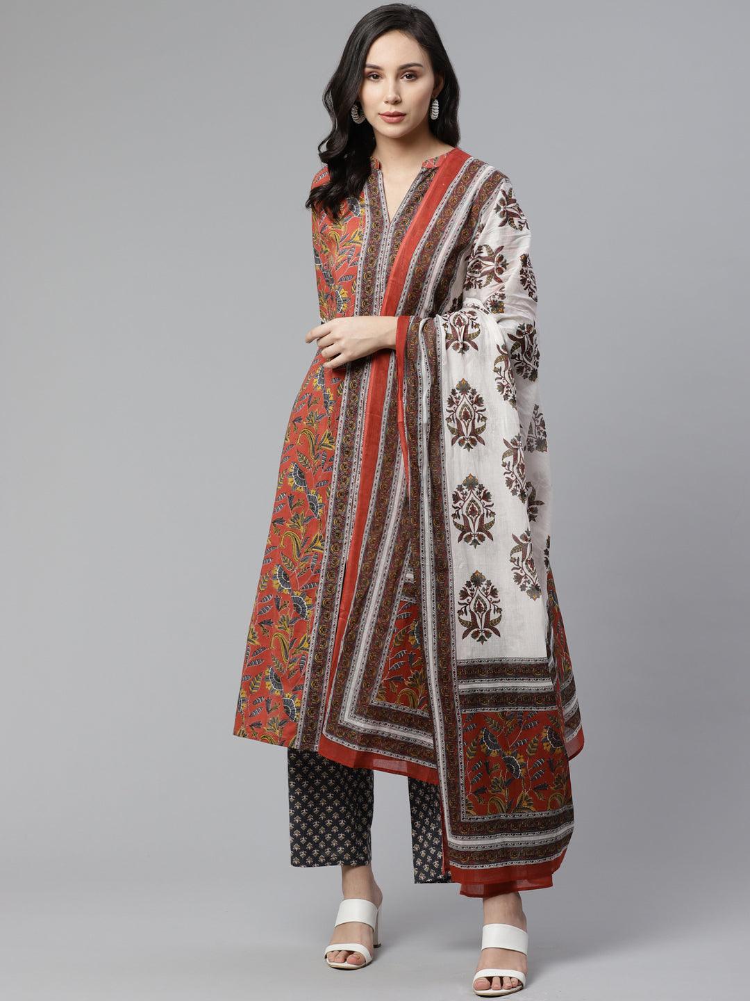 Rust Printed Cotton Suit Set - ShopLibas