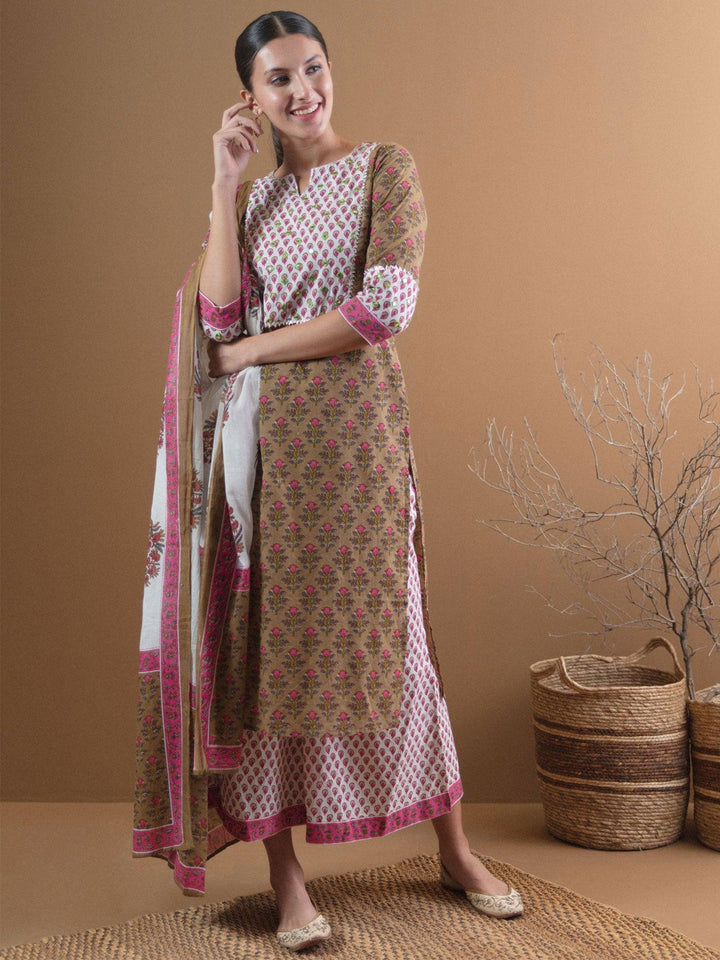 Olive Green Printed Cotton Suit Set - ShopLibas