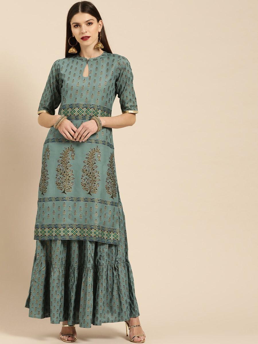 Grey Printed Cotton Kurta Set - ShopLibas