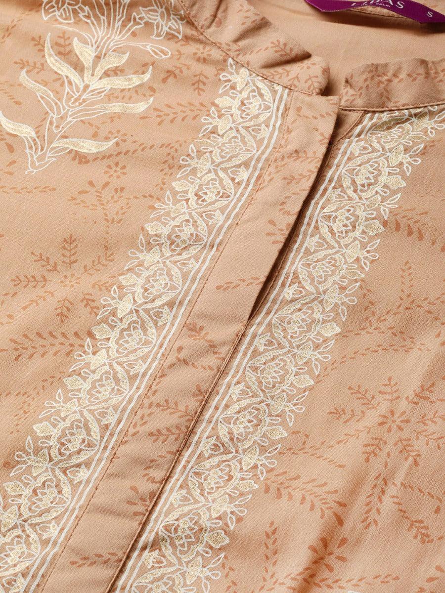 Beige Printed Cotton Kurta Set - ShopLibas