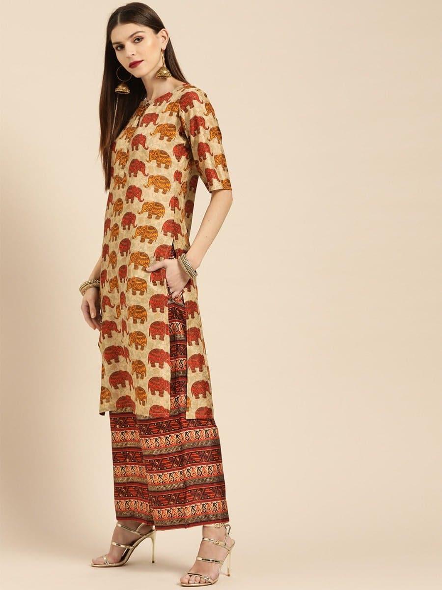 Beige Self Design Chanderi Suit Set - ShopLibas 