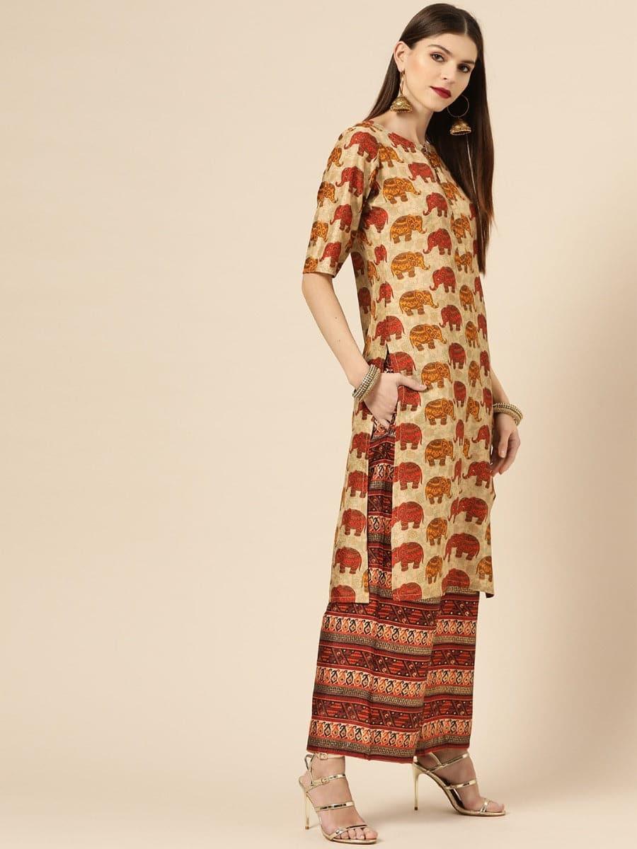 Beige Self Design Chanderi Suit Set - ShopLibas 