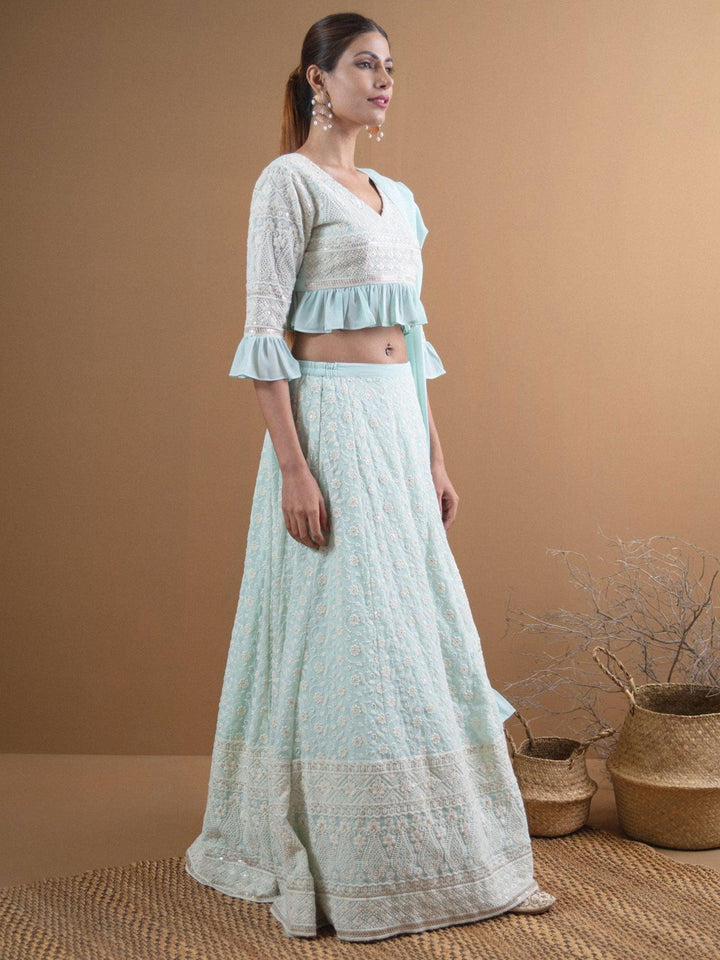 SIARA Blue Schiffli Georgette Lehenga Set - ShopLibas