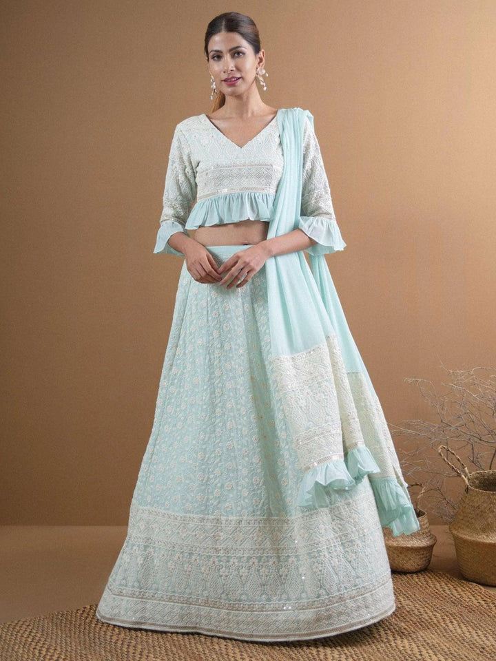 SIARA Blue Schiffli Georgette Lehenga Set - ShopLibas