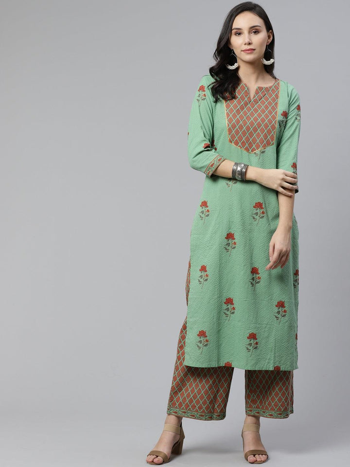 Green Printed Cotton Kurta Set - ShopLibas