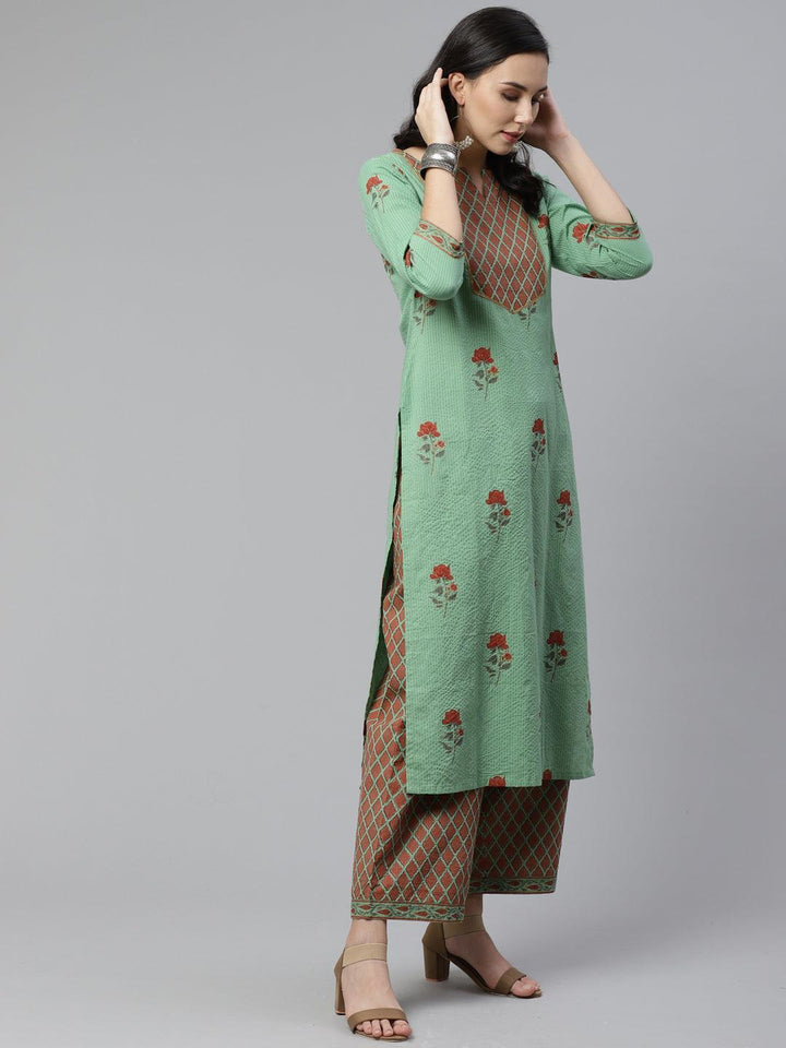 Green Printed Cotton Kurta Set - ShopLibas