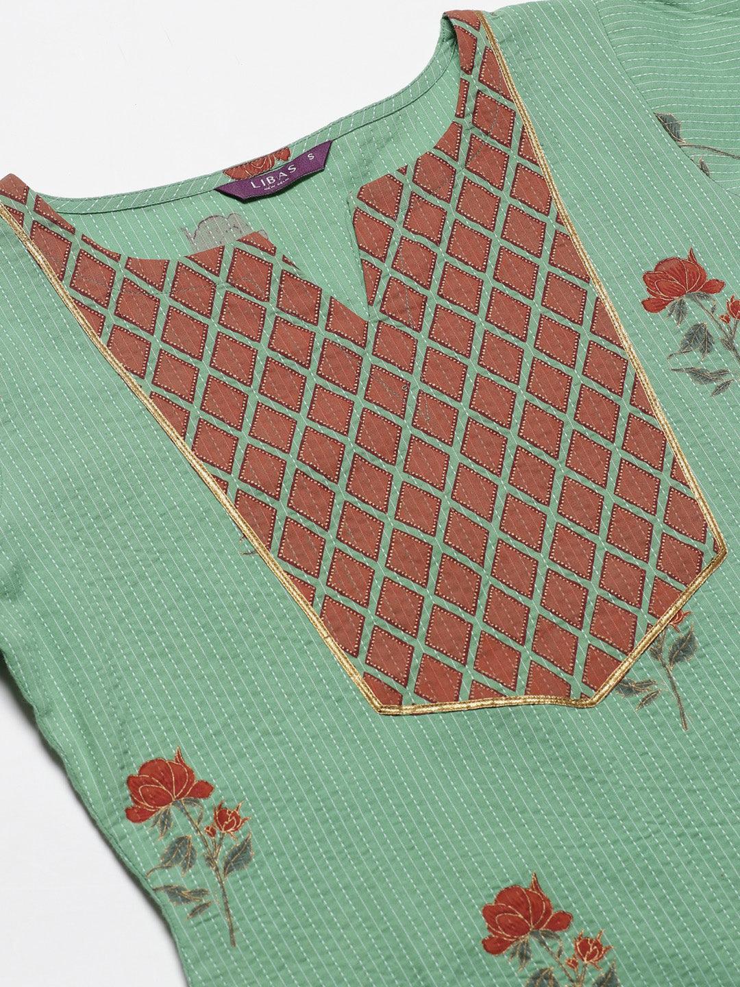 Green Printed Cotton Kurta Set - ShopLibas