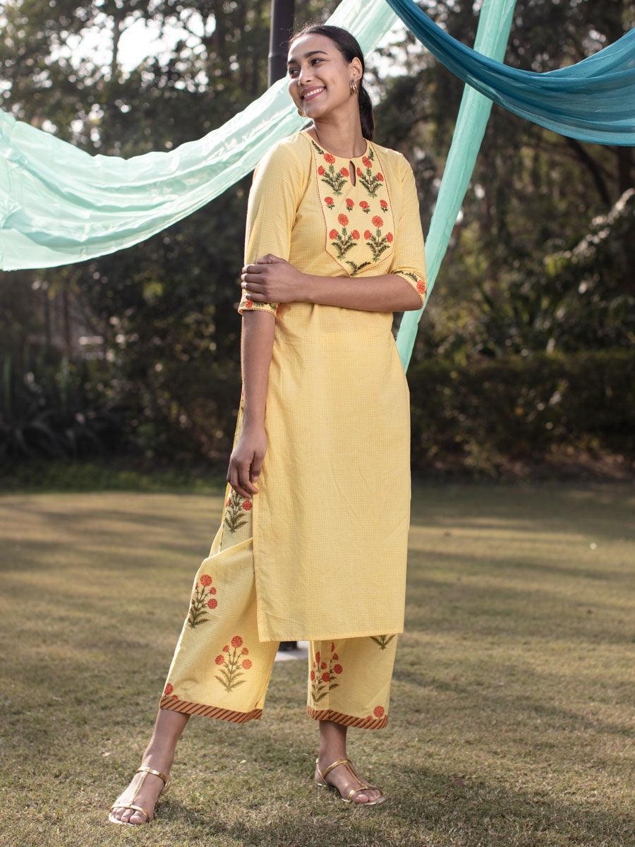 Yellow Embroidered Cotton Kurta Set - ShopLibas