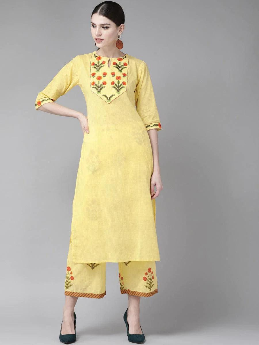 Yellow Embroidered Cotton Kurta Set - ShopLibas