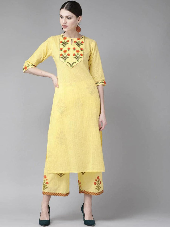 Yellow Embroidered Cotton Kurta Set - ShopLibas