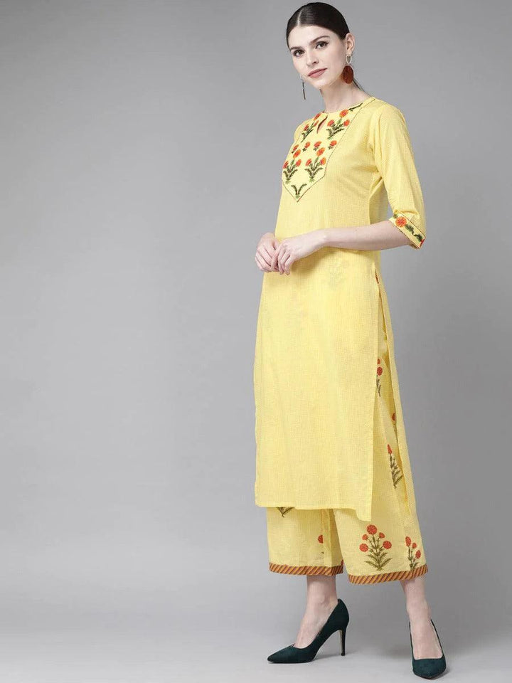 Yellow Embroidered Cotton Kurta Set - ShopLibas