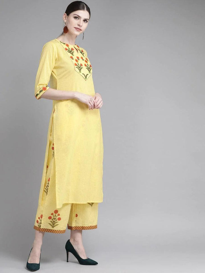 Yellow Embroidered Cotton Kurta Set - ShopLibas
