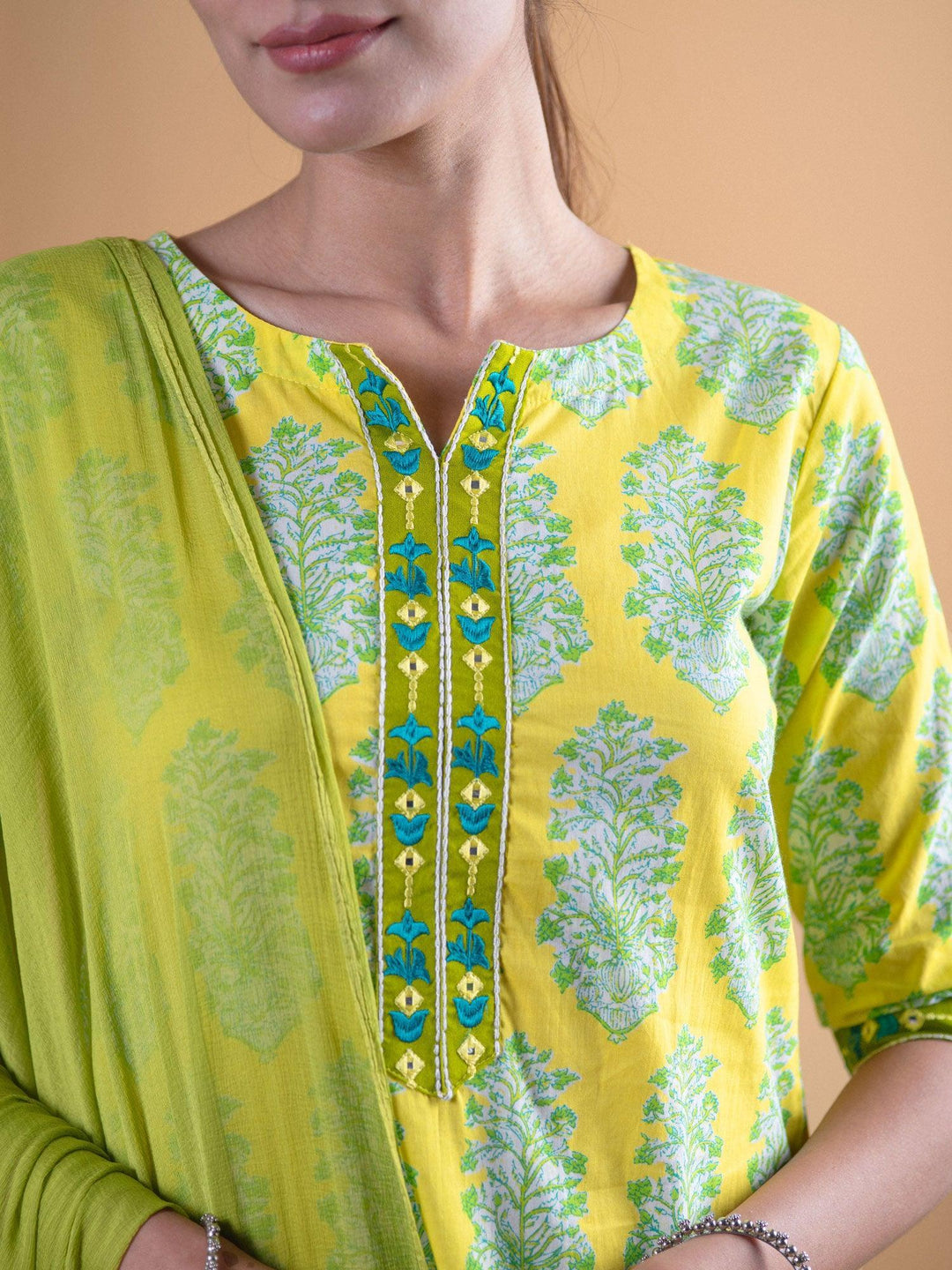 Green Printed Cotton Suit Set - ShopLibas