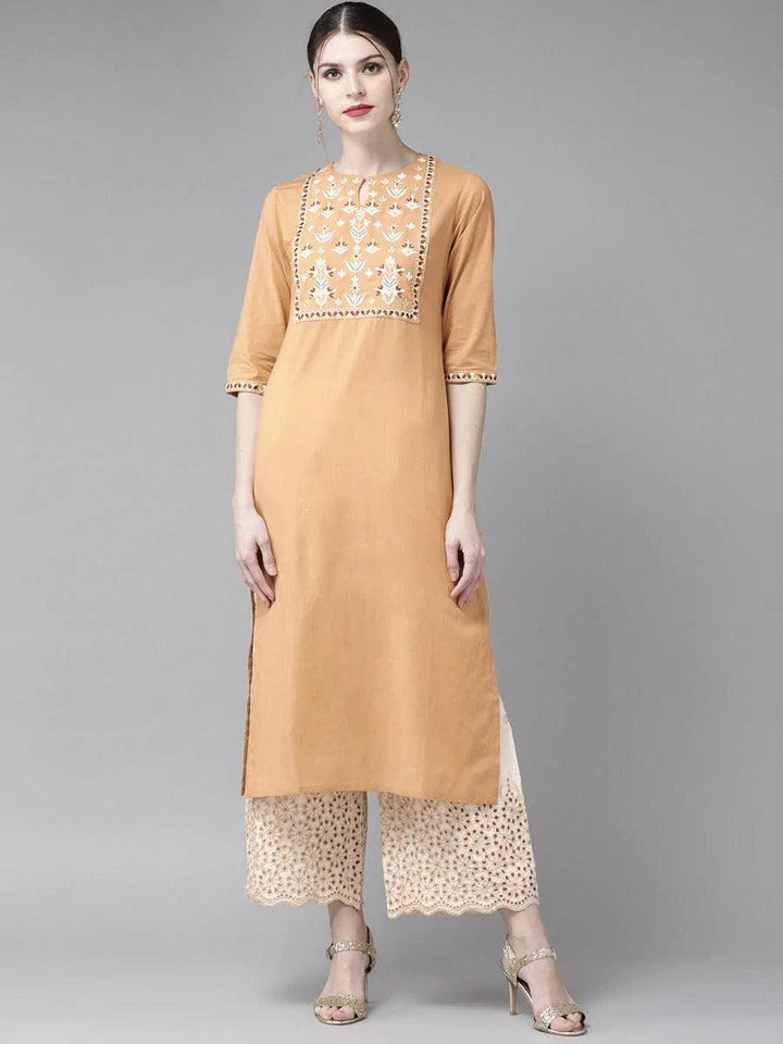 Beige Embroidered Cotton Kurta Set - ShopLibas
