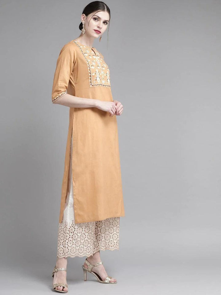 Beige Embroidered Cotton Kurta Set - ShopLibas