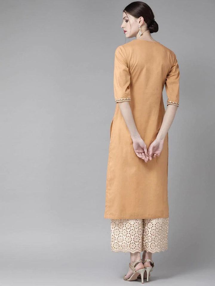 Beige Embroidered Cotton Kurta Set - ShopLibas