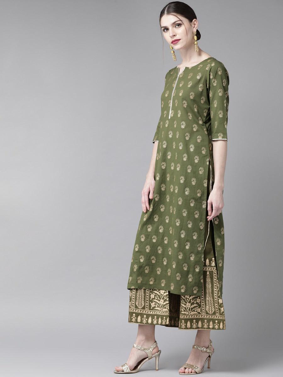 Olive Green Printed Cotton Kurta Set - ShopLibas 