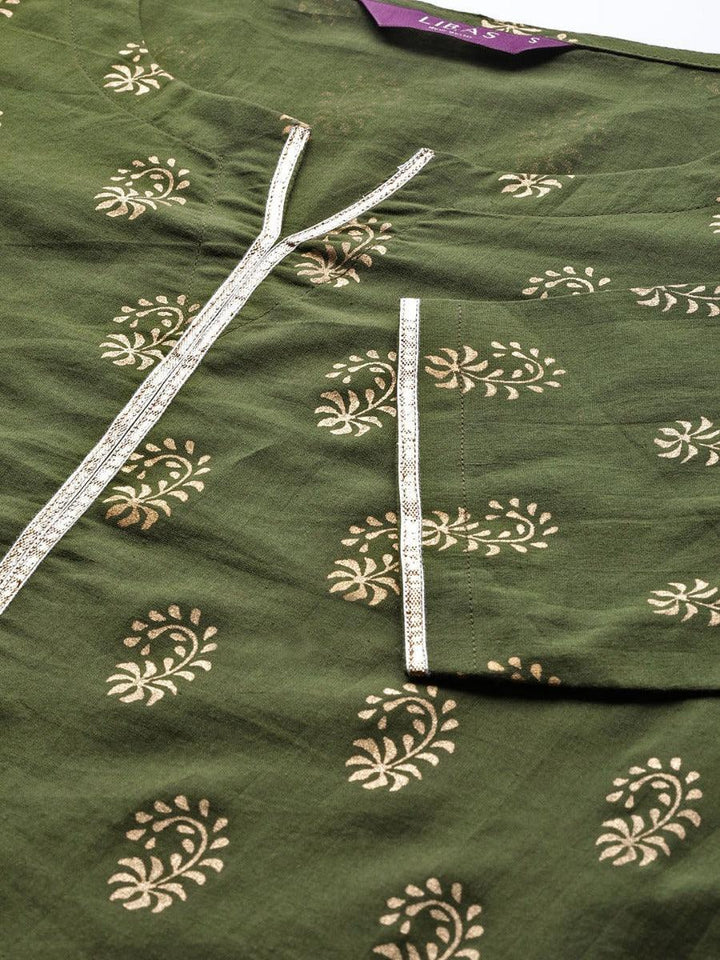 Olive Green Printed Cotton Kurta Set