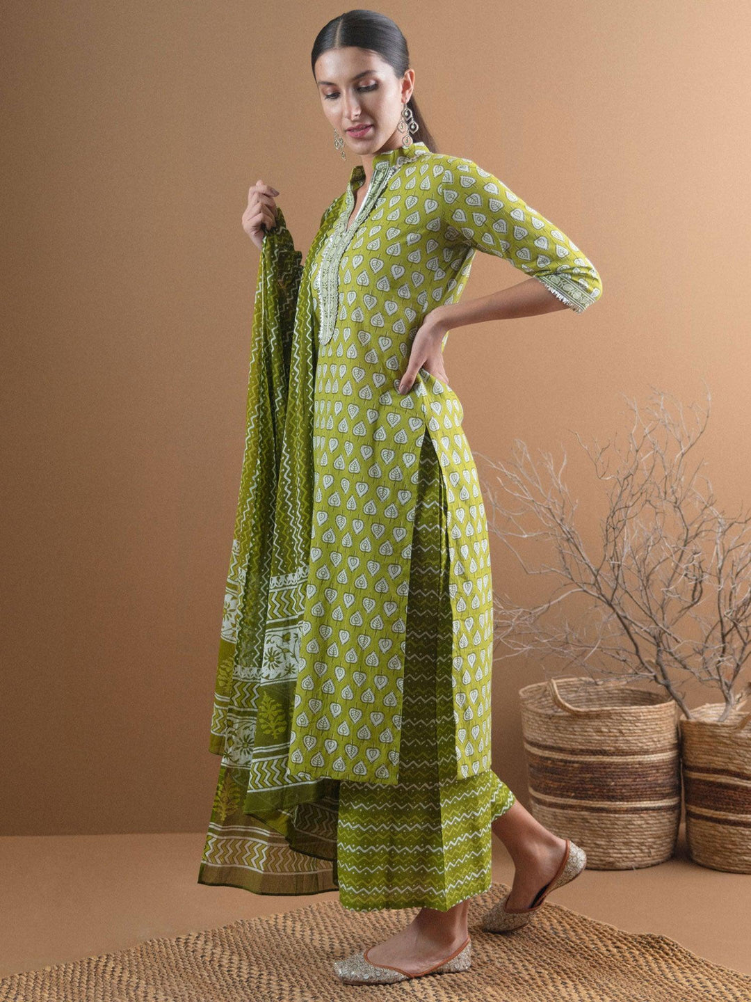 Green Printed Cotton Suit Set - ShopLibas