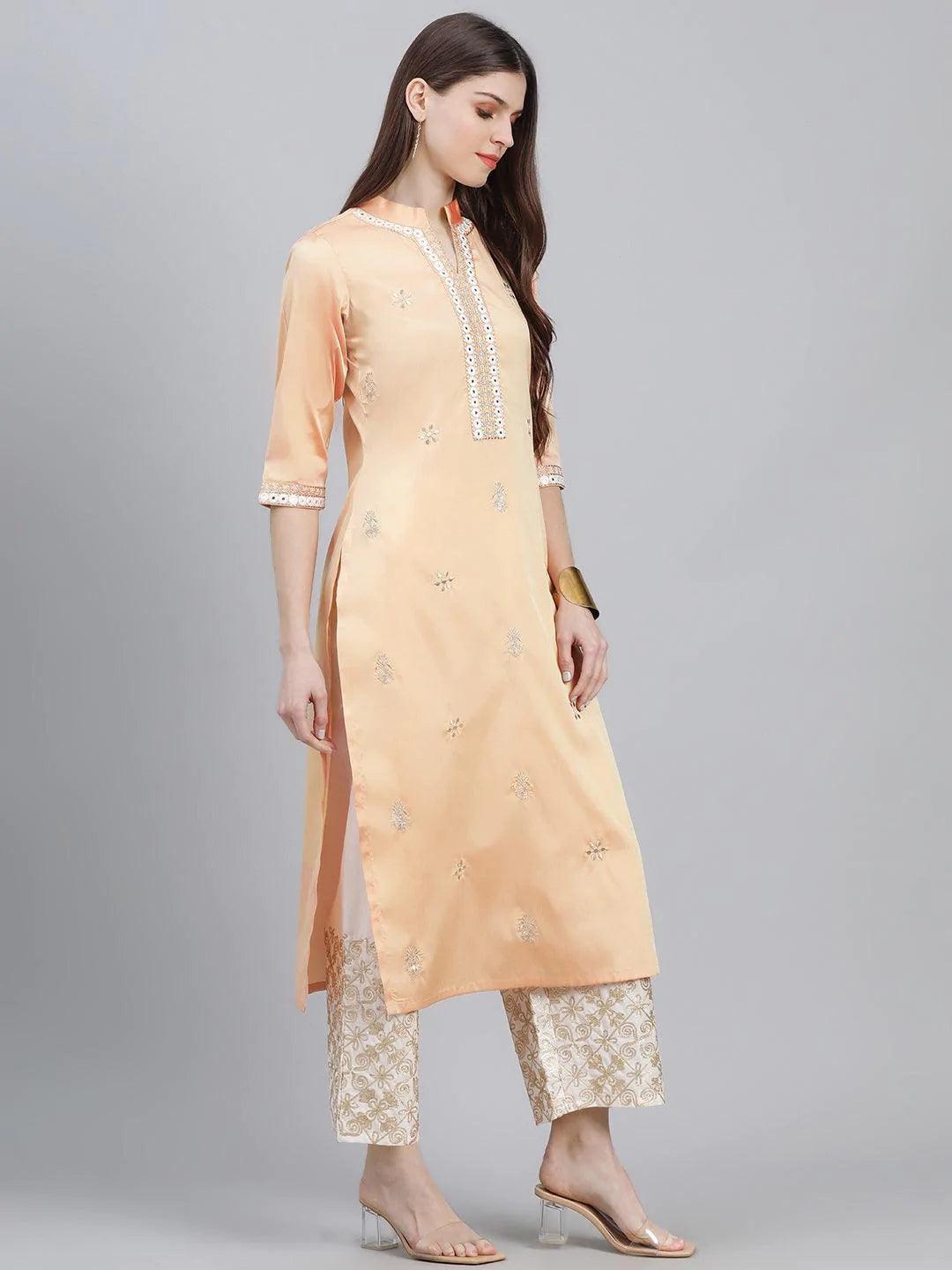 Peach Embroidered Chanderi Kurta Set - ShopLibas