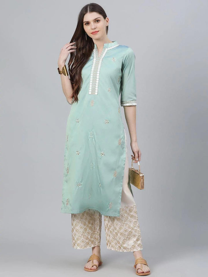 Green Embroidered Chanderi Kurta Set - ShopLibas