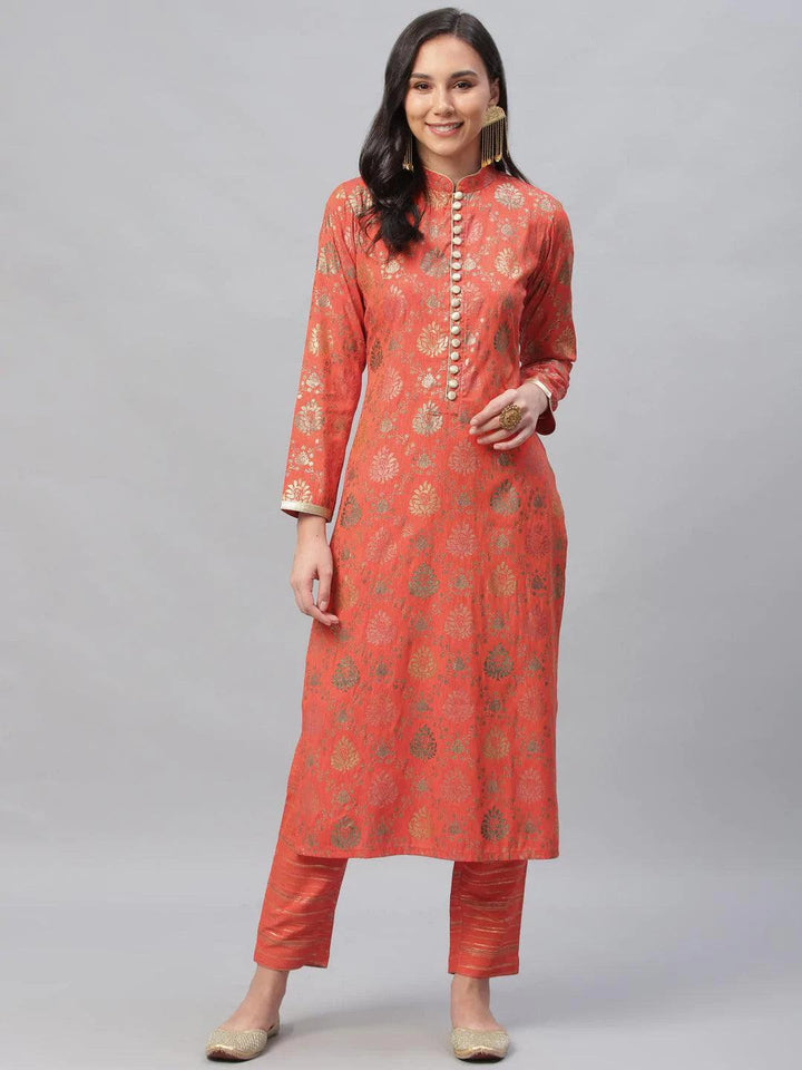 Orange Printed Rayon Kurta Set - ShopLibas