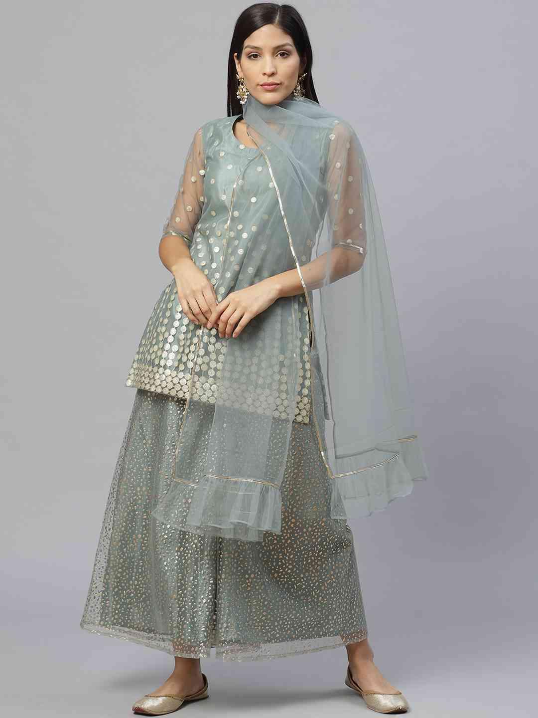 Green Printed Net Suit Set - ShopLibas