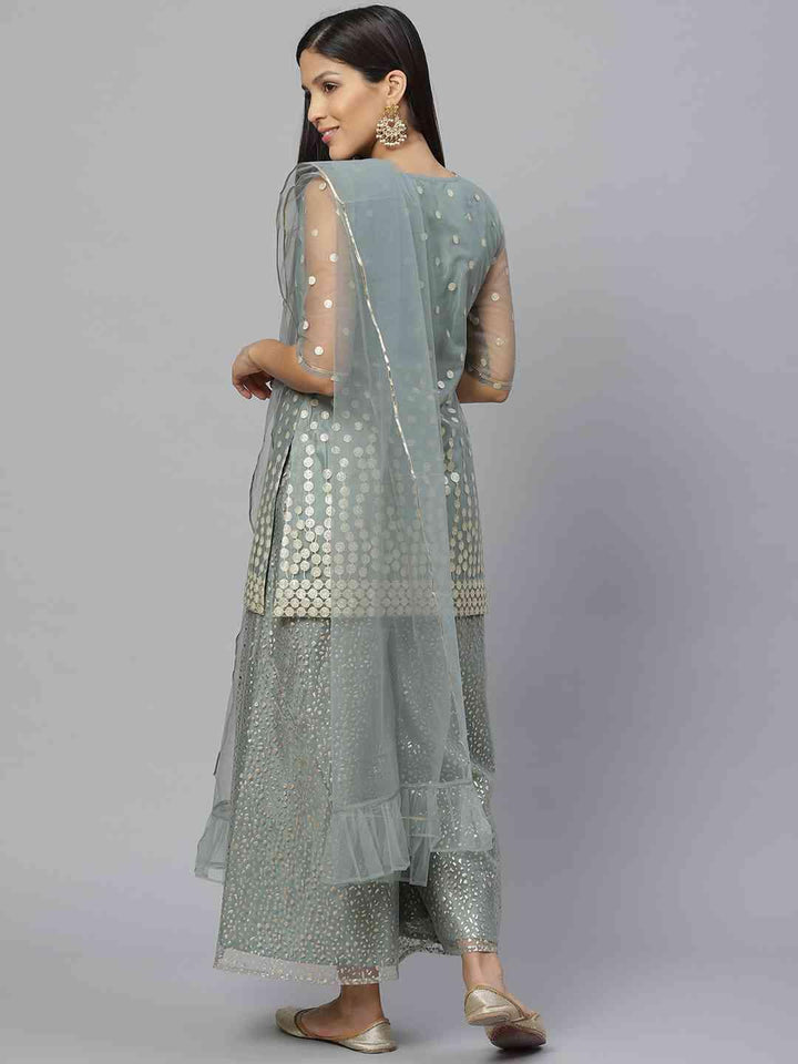 Green Printed Net Suit Set - ShopLibas