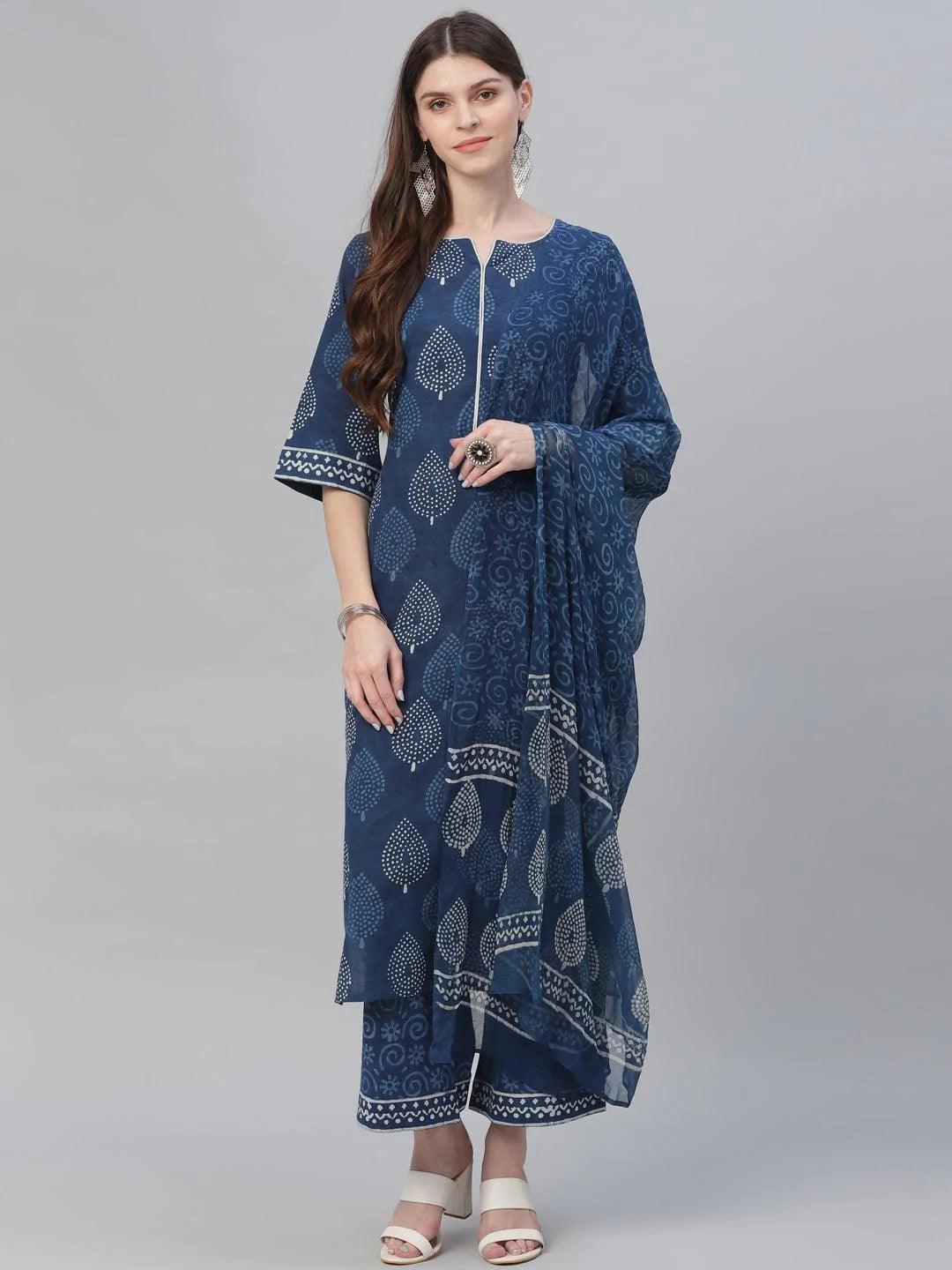 Blue Printed Cotton Suit Set - ShopLibas